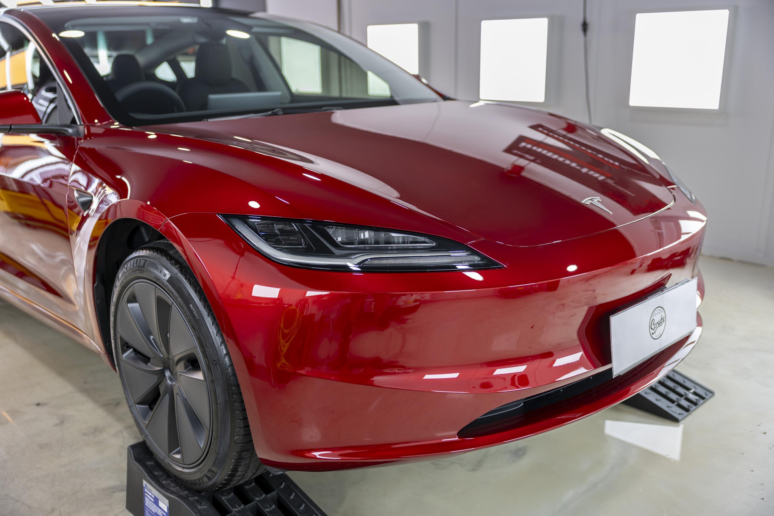 Tesla Ultra Red Front PPF - Scrubs Car Detailing - Front View